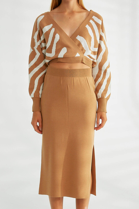 robin-desenli-triko-etek-takim-camel-ekru-triko-31752-13-K