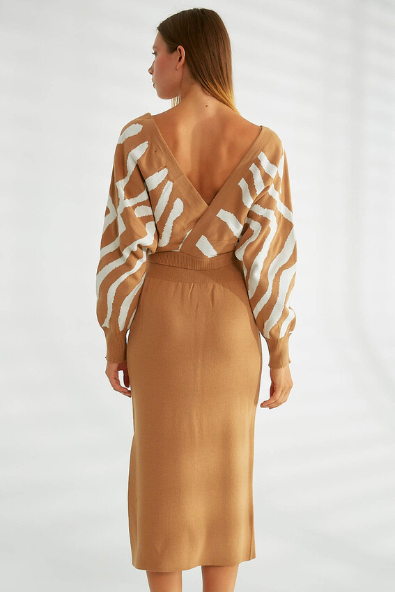 robin-desenli-triko-etek-takim-camel-ekru-triko-31753-13-K